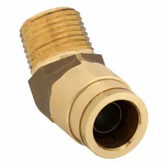 This brass adapter elbow features a push-to-connect fitting on one end and a male NPT thread on the other. It connects 5/8 in OD tubing to a 1/2 in pipe port. Suitable for pneumatic systems, air brake lines, and fluid handling where quick, leak-free connections are needed.