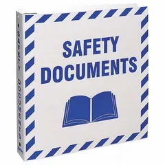 Blue/white safety binder with 11 in overall height, 2 in overall depth, and 1 1/2 in binder ring size. Includes a pair of sheet lifters for organizing safety documentation such as SDS sheets, lockout/tagout procedures, and compliance records.
