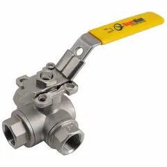 This manual three-way ball valve features a T-port design for diverting or mixing flow in piping systems. Constructed from 316 stainless steel with FNPT x FNPT x FNPT connections, it is suited for corrosive or high-purity applications. The valve is operated manually and is commonly used in industrial flow control.