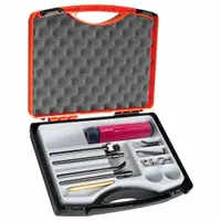 Manual deburring tool kit for plastic parts. Includes Classic Handle A and six interchangeable blades (B12, B25, E110, E700, G30C, L10) for removing flash and sharp edges from molded plastic components