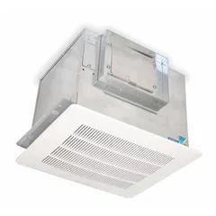 Standard commercial ceiling exhaust fan for removing stale air, odors, and moisture from spaces such as restrooms, break rooms, and small offices. Operates on 115V AC with a single speed. Features a high-profile design with a white polystyrene grille and rectangular duct shape. Noise rating of 3.5 sones.