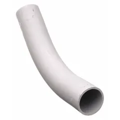 This 45° conduit elbow is made of PVC with a 40 schedule rating. It has a 4-inch trade size and an overall length of 12 5/8 inches. Used to change the direction of electrical conduit runs by 45 degrees, protecting wiring from damage and moisture in conduit systems.