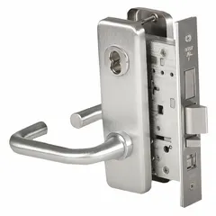 This office lever lockset features a chrome finish and is ADA compliant for accessible lever operation. It includes an interchangeable core for flexible key control and a 40H escutcheon with F04 function. Suitable for commercial interior doors in office, educational, and healthcare settings.