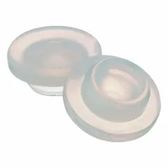 Synthetic rubber stopper made of colorless silicone. Features a 20 mm top diameter, 13.1 mm bottom diameter, and 8.38 mm overall height. Complies with EP 3.2.1 standards. Used to seal laboratory glassware, vials, and containers requiring a non-reactive closure.