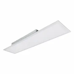 This 1 ft x 4 ft LED flat panel troffer offers selectable lumen outputs of 2,200 lm, 3,300 lm, or 4,000 lm at 35 W with a fixed CCT of 3500K. It operates on 120 to 277V AC and is designed for commercial and industrial lighting applications such as offices, schools, and warehouses. The panel replaces a 2-lamp 28T8 fluorescent fixture.