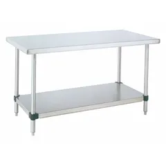 This fixed-height lab table features a stainless steel countertop in a silver finish. With an overall width of 30 inches, length of 8 feet, and height of 34 inches, it provides a durable and easy-to-clean work surface suitable for laboratory, clean room, and food processing applications.
