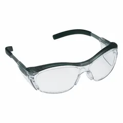 Frameless safety glasses with clear anti-fog lens and gray frame. Adjustable comfort-fit design for extended wear. Suitable for eye protection in industrial environments such as machining, material handling, and maintenance tasks requiring clear vision and impact resistance.