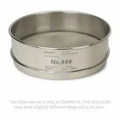 This test sieve features a stainless steel frame and stainless steel screen cloth with a #50 US Standard mesh size. It has an 8-inch outside diameter and 2 5/8-inch height, complying with ASTM E11 standards. Used for particle size analysis and material classification in laboratory and industrial settings.