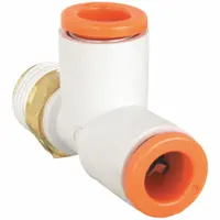 Polybutylene and brass push-fit tee fitting for branching pneumatic tubing lines. Connects 1/4 in pipe to two 3/16 in OD tubes. White finish, overall length 37 13/16 mm. Suitable for use in industrial automation and material handling systems