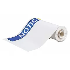 White vinyl label roll with pre-cut NOTICE header format, measuring 10 in x 14 in or 14 in x 10 in. Acrylic adhesive ensures secure bonding. Compatible with BBP85 printer series for on-demand printing of industrial notices, safety warnings, and facility signage.