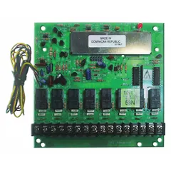 White relay board for security systems, compatible with GEM-P1632 control panels. Used to control auxiliary outputs such as alarms, lighting, or door strikes in commercial and residential installations.