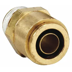 Brass push-to-connect adapter fitting with 1/4 in OD tube size and 3/8 in NPTF male thread. The push-to-connect side accepts tubing without tools; the NPTF thread provides a dry-seal connection. Used in pneumatic and air brake systems for connecting tubing to threaded ports.