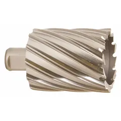 This high-speed steel annular cutter features a bright finish and a 2 7/16 in diameter, with a maximum cutting depth of 2 in. Designed for use with magnetic drill presses and portable drills, it is suitable for cutting clean, accurate holes in metal such as structural steel, plate, and pipe. The cutter has a Weldon Flat shank and fractional inch sizing.