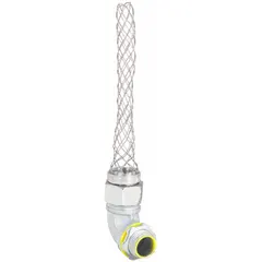 Insulated 90° elbow liquid-tight conduit fitting with strain relief for terminating and protecting liquid-tight flexible metal conduit. Features a 3 in mesh length and 1/2 in MNPT connection. Constructed of steel and stainless steel. Rated Class II, Div. 1 and 2 for hazardous locations with combustible dust.