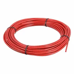 Polyurethane tubing with 1/8 in ID and 1/4 in OD, 100 ft length, red color. Hardness Shore A 90 to 95, maximum operating pressure 250 psi at 180°F. Suitable for pneumatic control lines, fluid transfer, and instrumentation in industrial automation and packaging systems.
