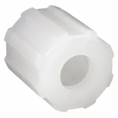 This flared fitting nut is made from PVDF for chemical resistance. It is designed for use with flared tube fittings in fluid and pneumatic systems requiring leak-free joints. Suitable for applications such as chemical processing, instrumentation, and high-purity systems.