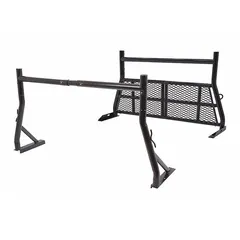 This adjustable steel truck bed rack is designed for carrying long loads such as ladders, lumber, and pipes in a pickup bed. It features a black finish and adjustable width from 52 to 68 inches, with a height of 32 inches and a length of 13-1/2 inches.