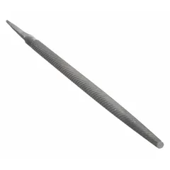 This 12-inch round file features a single-cut, safe edge cut, second cut pattern for shaping and deburring metal. It tapers toward the point and has a natural finish. Suitable for use on dies, molds, and curved surfaces in metalworking applications.