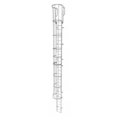 Steel fixed ladder with integrated safety cage for walk-through access. Overall width 18 in, 30 rungs. Suitable for vertical access in industrial settings such as plants and warehouses where fall protection is required. Supplied unassembled.