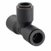 This push-fit tee fitting branches or splits compressed air or fluid lines in pneumatic systems. It connects three tubes of 12 mm OD and 10 mm OD sizes. The body is polymer in black, with a 62 mm overall length