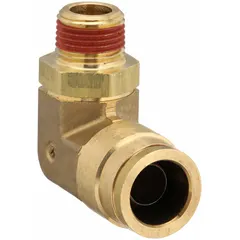 Brass push-to-connect x male NPT adapter elbow for pneumatic systems. Connects 3/8 in OD tube to 1/8 in male NPT threaded port. Features Vibra-Seal thread sealant for leak resistance. Suitable for air brake and compressed air applications.