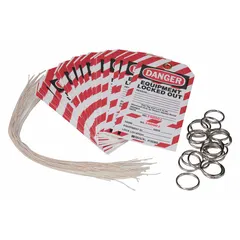 Paper danger tag with write-on surface for marking locked-out equipment during maintenance. Printed in English with 'Danger, Locked Out Device' message. Suitable for indoor temporary lockout/tagout procedures.