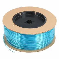 Metric polyurethane tubing with 4 mm inner diameter and 6 mm outer diameter, supplied in a 500 ft length. Blue in color with Shore A 90 to 95 hardness. Rated for maximum operating pressure of 170 psi at 180°F. Suitable for pneumatic systems, fluid transfer, and instrumentation lines in industrial automation and moving applications.