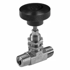 This HAM-LET needle valve features a 316 stainless steel straight body with integral bonnet and regulating stem for precise flow control of liquid media. It has MNPT x MNPT connections with male NPT threads on both sides and a plastic knob handle. Complies with ISO 2006(E). Suitable for industrial plumbing and instrumentation systems requiring reliable shut-off and throttling.