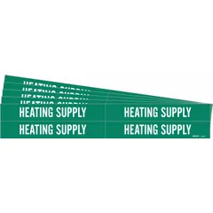 Green adhesive pipe marker with white 'Heating Supply' legend, designed for pipe outer diameters from 3/4 to 2-3/8 inches. Each pack contains 4 markers without arrows, supplied as a 5-pack. Used to identify heating supply lines in piping systems for visual clarity and safety.