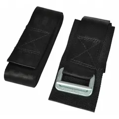 This belt set is a cargo strap accessory for hand trucks, used to secure loads during transport. It features a steel buckle and woven polyester webbing, with an overall length of 110 inches. Compatible with hand trucks.