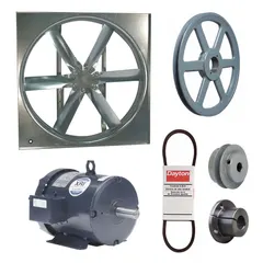 DAYTON Supply Fan w/Drive Package: Belt Drive, 48 in Blade, Totally Enclosed, 31,442 cfm, 3 ph, 3 hp. Key specifications — Nameplate Voltage: 230/460V AC; Assembled: Unassembled; Brand: DAYTON; Enclosure Design: Totally Enclosed Motor.