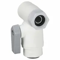 Three-way ball valve with L-port cross flow configuration for diverting or mixing flow. One-piece polypropylene body with lever handle. Connections: push x male NPT x female NPT. NSF 51 compliant for potable water and food-contact applications