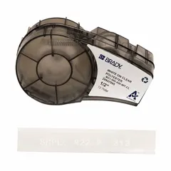 Polyester, clear (gloss), indoor thermal transfer continuous label roll cartridge. 1/2 in x 21 ft. Combines label and ribbon in a single unit for streamlined operation. Compatible with BMP21 printer series. Used for wire marking, component labeling, and general asset tagging.