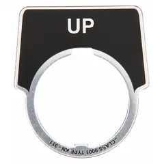 Half-round metallic aluminum legend plate with black background and silver 'Up' legend. Measures 2 in overall height by 1 3/4 in overall width. Designed for 30 mm panel mounting. Provides clear labeling for push-button control stations in industrial environments.