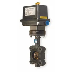 Cast iron lug-style electric butterfly valve with bronze disc, 5 in pipe size, 115V AC actuator, and 4-20 mA input control signal. Suitable for on-off or modulating flow control of gas, oil, or water media in industrial piping systems.