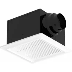 Ceiling-mounted bathroom exhaust fan with a maximum airflow of 110 cfm. Features a built-in humidity sensor for automatic activation, two-speed operation, and includes a backdraft damper. Designed for use with round ductwork and mounts using a mounting bracket. Suitable for removing moisture, odors, and airborne contaminants in residential and light commercial bathrooms.