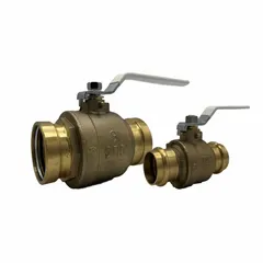 This APOLLO manual two-way ball valve features a 2-1/2 in full port brass body with press x press connections and a lever handle. The straight configuration allows for on/off or flow diversion in commercial and light industrial piping systems handling water, oil, or gas.