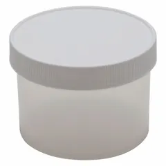 This polypropylene lab jar has an 8.5 fl oz capacity, 89 mm body diameter, and 66 mm height. The translucent body allows visual monitoring of contents. It includes a closure and is supplied unlined. Suitable for storing, mixing, or sampling liquids and powders in laboratory, industrial, or educational settings.