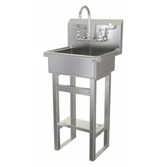 This one-station freestanding hand sink includes a faucet and is constructed from 16 ga material. It features a 17 in bowl length and 7 in bowl depth, with a flow rate of 2 gpm. Side splash is not included. Suitable for commercial restrooms, break rooms, and light industrial wash areas.