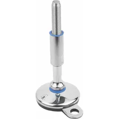 This hygienic male leveling mount features a polished finish, round base, and M16 thread size with 60 mm stud length. It supports a load capacity of 10 kN and includes mounting holes for secure installation. Typical applications include leveling and stabilizing industrial machinery, equipment, and workstations in environments requiring cleanliness.