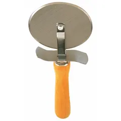 This pizza cutter features a 4-inch diameter stainless steel blade and a wood handle with a brown finish. Designed for cutting pizzas, pastries, and dough in commercial kitchens or food service operations.