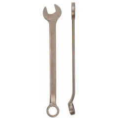 This AMPCO combination wrench is a nonsparking, 12-point tool with a 25 mm head size and 14 in overall length. It features an offset design and natural finish, constructed from aluminum bronze nickel. Suitable for use in environments where spark prevention is critical.