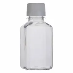 This 250 mL capacity media bottle is made of HDPE with a clear, square design. It is not individually wrapped and is intended for storing and dispensing laboratory media, buffers, and reagents. The square shape helps conserve shelf space.