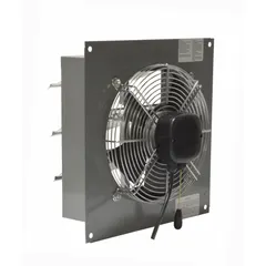 10-inch blade, 2-speed, 2/25 hp totally enclosed air-over motor, 500 cfm, 115V AC, 1 ph. Galvanized steel housing with powder-coated steel finish. Suitable for general ventilation in industrial spaces such as workshops and warehouses.