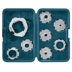 This 8-piece router template guide kit is designed for pattern and template routing applications. The guides enable precise duplication of shapes and profiles when used with a router and template, suitable for woodworking, cabinetry, and sign making.