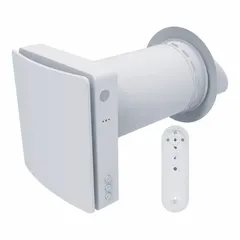 Side-port energy-recovery ventilator for residential use, delivering 29.4 cfm at 0.400 in SP with 90% maximum efficiency. Features 3 speeds and operates on 100-240V AC. Exchanges stale indoor air with fresh outdoor air while recovering heat and moisture.
