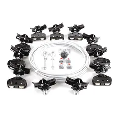 This wire rope festoon kit provides a 60 ft track for supplying power or control cables to moving equipment. It requires a minimum 76 ft round cable or hose and includes all necessary hardware for installation. Suitable for applications such as cranes, hoists, and automated machinery.