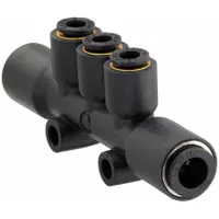 This LEGRIS push-fit tee fitting is made of nylon with nickel-plated brass components. It connects three tubes of 1/4 in, 5/32 in, and 5/32 in outer diameters. The overall length is 2 13/16 in. Typical applications include pneumatic and fluid-handling systems where a branch connection is needed