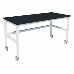 This adjustable-height lab table features a phenolic countertop resistant to chemicals and moisture, with a steel frame in Petal White. Height adjusts from 30 to 36 inches. Locking swivel casters provide mobility and stability. Overall dimensions: 6 ft length, 24 in width, 36 in height.
