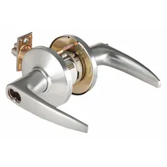 Storeroom lever lockset with satin chromium-plated zinc finish. ADA compliant and equipped with LFIC. Features a 9K curved no return lever and ANSI function code F86. Suitable for interior doors where key entry is required and free egress is needed.